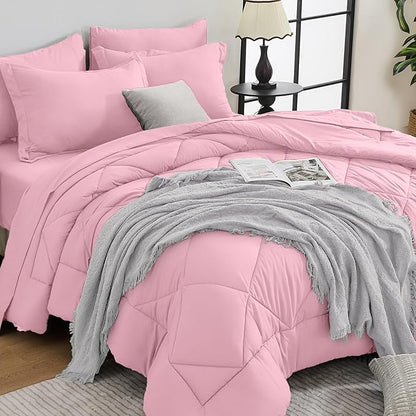 HEVUMYI Pink King Comforter Set - 7-Piece All Season Bed in a Bag King, Ultra Soft Bedding Set with Comforter, Flat Sheet, Fitted Sheet, Pillowcases, Pillow Shams, Pink