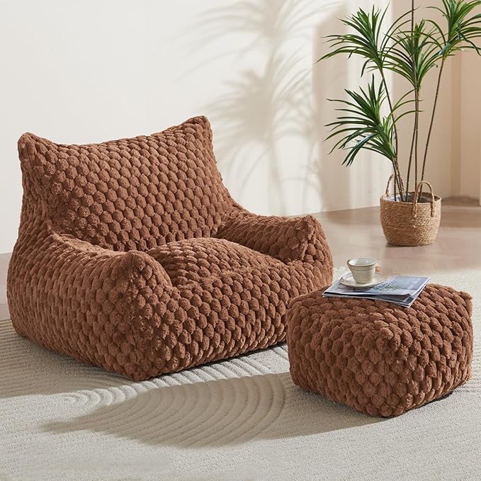 Bean Bag Chair with Ottoman - Modern Comfy Beanbag Sofa with Footrest, Soft Faux Fur Lounger Chair for Adults Teens, Cozy Memory Foam Filled Gaming Reading Chairs for Bedroom, Living Room (Brown)