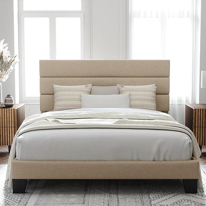 Allewie Queen Size Platform Bed Frame with Fabric Upholstered Headboard and Wooden Slats Support, Fully Upholstered Mattress Foundation/No Box Spring Needed/Easy Assembly, Beige