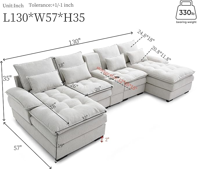 130" U-Shaped Sectional Sofa with Storage Console & Cup Holders, Upholstered 6 Seat Living Room Sleeper Couch Furniture Set w/Chaise, Cloud Cushion Couch for Home, Office, Apartment,Beige