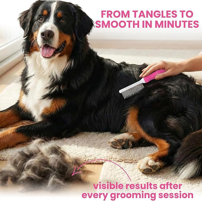 Poodle Pet Detangling Pet Comb with Long & Short Stainless Steel Teeth for Removing Matted Fur, Knots & Tangles – Detangler Tool Accessories for Safe & Gentle DIY Dog & Cat Grooming (Pink)