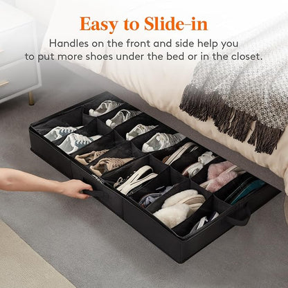 Lifewit Under Bed Shoe Storage Organizer 4 Pack(2x16 Pairs+2x4 Pairs), 4.3" Tall Fabric Shoes Container Box, Foldable Closet Shoe Bag with 2 Reinforced Handles and Clear Cover, Black