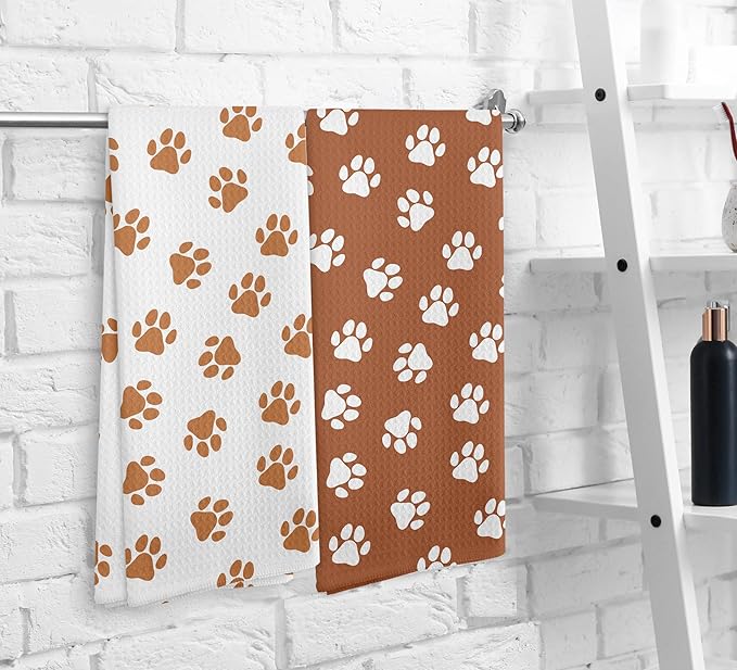 Orange Dish Towels and Hand Towels Set of 2, Cute Dog Paw Print Kitchen and Bath Towels, Dog Gifts, 16×24 Inch