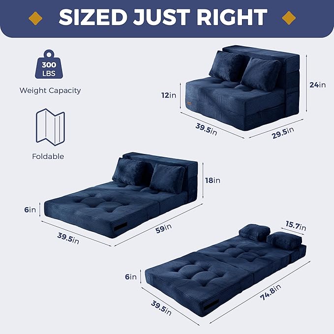 MAXYOYO Convertible Sofa Bed, Fold Out Loveseat Sleeper Sofa with Pillow, 4 in 1 Tufted Folding Couch Bed Foam Floor Couch, Lazy Chair for Living Room Bedroom Guest Room, Navy