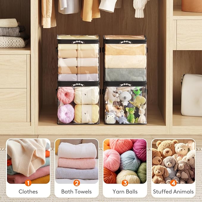 Lifewit 4 Pack Clear Clothes Storage Bags, 11 Inch Clear Cube Storage Bins, 18L Vinyl Foldable Moving Bags with Zipper, Storage Container for Sweater Sheets Yarns
