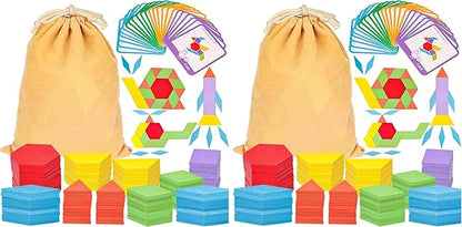 LovesTown 209 PCS Shapes Wooden Pattern Blocks for Kids, Geometric with Activity Cards and Storage Bag, Educational Tangram Puzzles,Great Learning Gift from Parents or Teachers (Pack of 2)