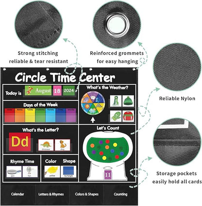 Circle Time Learning Center Pocket Chart, Calendar for Classroom, Educational Pocket Chart Learning Calendar Weather Letter Counting Rhyme Color Shape(Black)