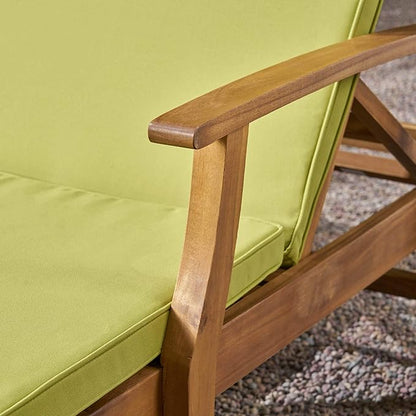 GDFStudio Samantha Double Chaise Lounge for Yard and Patio, Acacia Wood Frame, Teak Finish with Green Cushions, (307567)