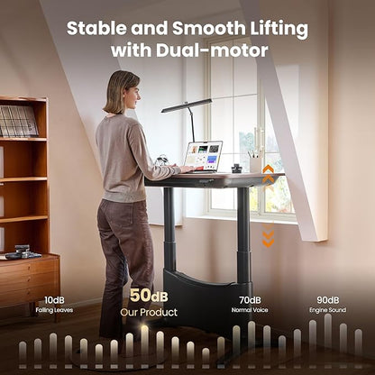 COLAMY Electric Adjustable Standing Desk – 48 x 28 Inch Sit Stand Desk with Drawer & Cable Management, Dual Motor Lift System, Ergonomic Footrest, Home Office Table (Veneer Desktop, Black Oak + Black)