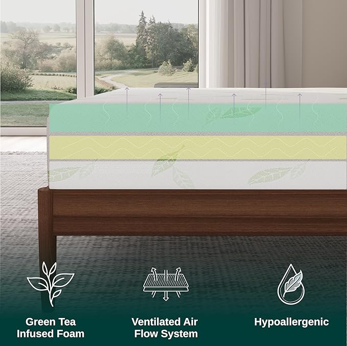 NapQueen Twin XL Size, 8 Inch Anula Green Tea Infused Memory Foam Mattress, Bed in a Box, CertiPUR-US Certified Mattress
