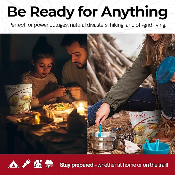 Legacy Food Storage 120 Serving Emergency Food Supply Bucket, 16 Entrees, 48,640 Total Calories, Shelf Stable Breakfast Lunch & Dinner, Freeze Dried Survival Meals for MRE Camping, Hiking, Prepping