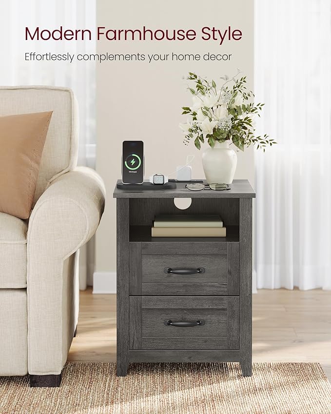 VASAGLE LIRY Collection - Farmhouse Nightstands with Charging Station, Set of 2 Bedside Tables, Side Tables with 2 Drawers, Open Compartment, for Bedroom, Misty Gray ULET869G01