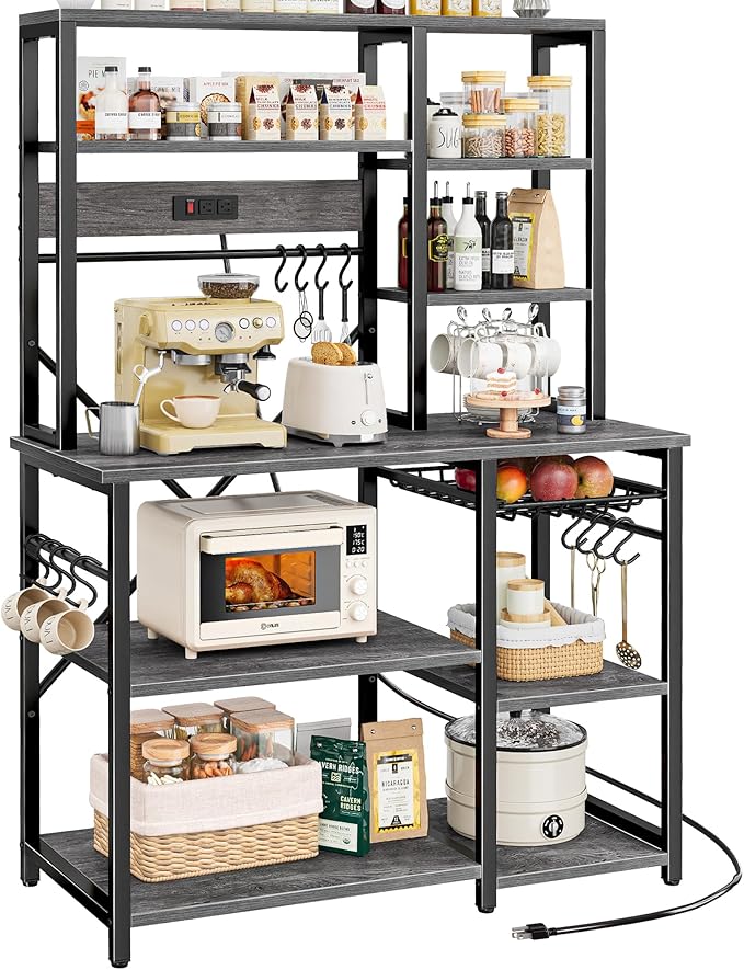 SUPERJARE Large Bakers Rack with Power Outlets, 6-Tier Microwave Stand, Coffee Bar with 12 S-Shaped Hooks, Kitchen Shelf with Wire Basket, 39.3 x 15.5 x 66.9 Inches, Charcoal Gray