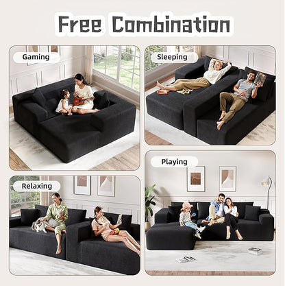 Cloud Sectional Couch, 104”L-Shape Oversized Sofa with Right Chaise Lounge, Modular Sleeper Couch with Pillows & Deep Seat, Rain Drop Velvet Fabric Compressed Sofa for Living Room, Black
