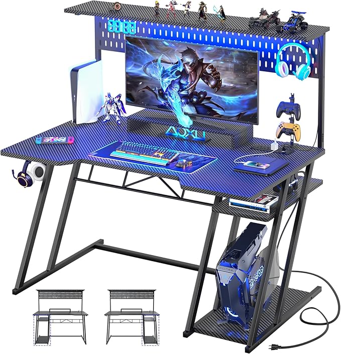 Gaming Computer Desk with Shelves and Outlets, Gaming Desk with Hutch and LED Lights, Reversible PC Gaming Desks with Pegboard, Carbon Fiber Black 47''