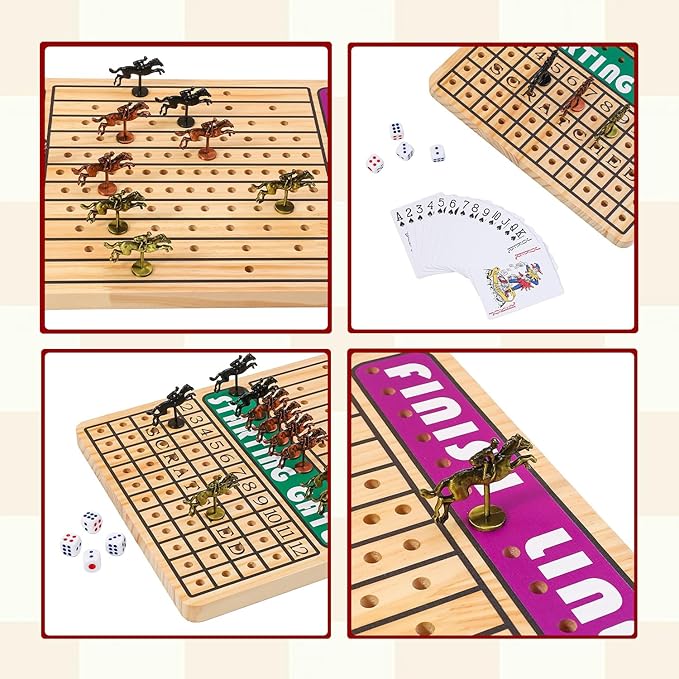 21 in Horse Race Board Game Racing Game Thickened Solid Wood with 11 Metal Horses, 2 Cards & 4 Dice, Horse Racing Game for 2-6 Players