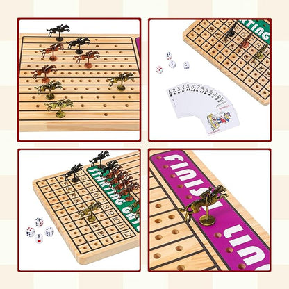 21 in Horse Race Board Game Racing Game Thickened Solid Wood with 11 Metal Horses, 2 Cards & 4 Dice, Horse Racing Game for 2-6 Players