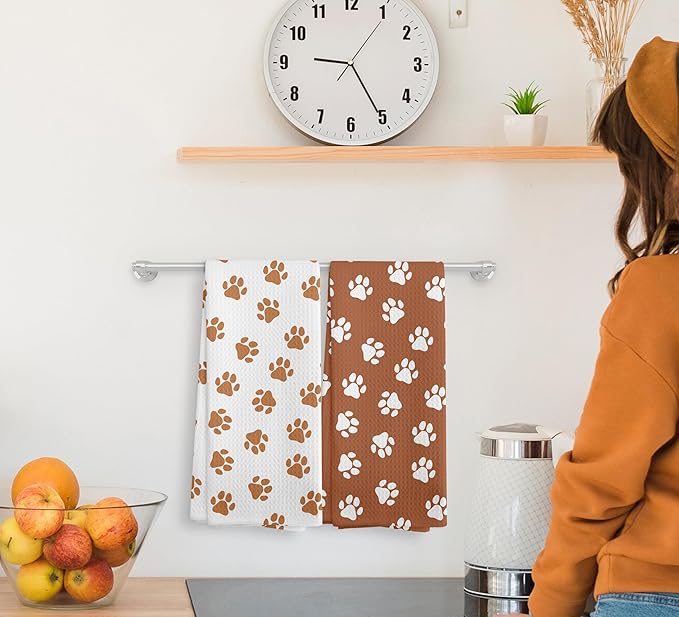Orange Dish Towels and Hand Towels Set of 2, Cute Dog Paw Print Kitchen and Bath Towels, Dog Gifts, 16×24 Inch
