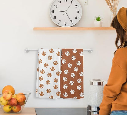 Orange Dish Towels and Hand Towels Set of 2, Cute Dog Paw Print Kitchen and Bath Towels, Dog Gifts, 16×24 Inch