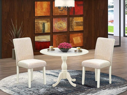 East West Furniture DMAB3-LWH-02 3 Piece Dining Table Set Contains a Round Dining Room Table with Dropleaf and 2 Light Beige Linen Fabric Upholstered Chairs, 42x42 Inch, Linen White