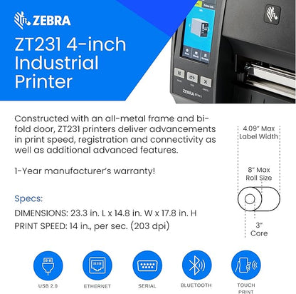 Zebra ZT231 Thermal Industrial Printer 4"| 203 DPI | No Ink Required | USB, Serial, Ethernet | Touch Color LCD | 1 Year Warranty | Thermal Transfer