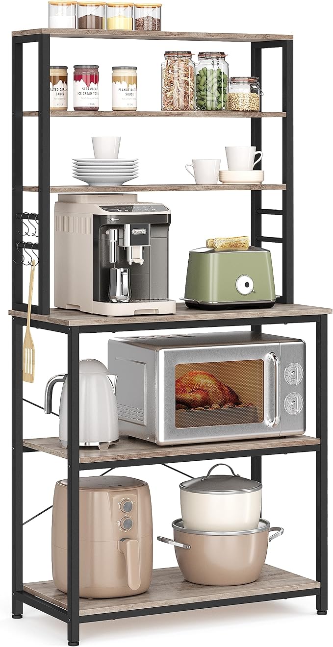 VASAGLE Coffee Bar, 31.5 Inches Baker's Rack for Kitchen with Storage, 6-Tier Kitchen Shelves with 6 Hooks, Microwave Stand, Industrial, Greige and Black UKKS019B02