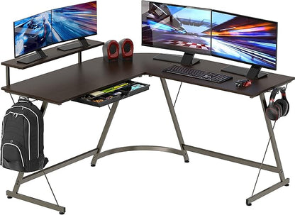SHW 51 x 51 Inches Vista L-Shaped Desk with Monitor Stand and Drawer, Espresso
