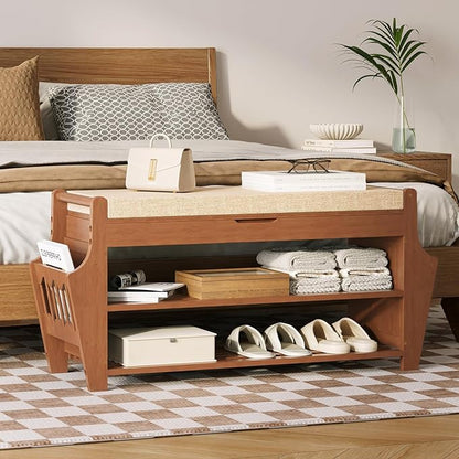 34.3in Shoe Bench, Bamboo 3-Tier Entryway Bench with Storage, Shoe Rack Organizer Holds Up to 330 lb, 34.3 x 11.8 x 18.9 Inches for Entryway Bedroom Closet Living Room Hallway