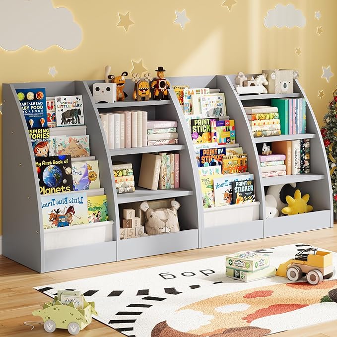 4 Tier Kids Bookshelf Set of 2,4 Layer Sling Kids Book Shelf for Kids Rooms,Wood Children Bookcase,Baby Storage Book Rack,Toddler Bookshelf, Book and Toy Organizer,Book Display Shelf for Nursery