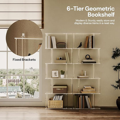 Acrylic Geometric Bookshelf, 6-Tier Clear Bookcase, S Shaped Bookshelf, Modern Display Book Shelf for Living Room, Bedroom, Office, 9.3" D x 22.4" W x 61.46" H, Easy Assembly