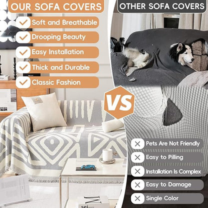 STACYPIK Boho Geometric Sofa Cover Chenille Gray White Cream Triangle Couch Cover for Dog Anti Slip Couch Protector for 3 Cushion Couch Reversible Furniture Covers L Shape Cover for Sectional-91X134IN