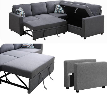 4-Piece L Shaped Sofa Set with Storage Chaise, Convertible Pull Out Couch with Movable Ottoman, Modular Sectional Sofa for Living Room, Apartment, Office, Gray