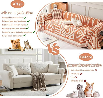 HANDONTIME Orange Sofa Covers for Couch Loveseat Covers Soft Chenille Couch Cover for Dogs Sofa Covers for 3 Cushion Couch Boho Sofa Throw Cover Pet Couch Furniture Protector Thick Washable 71" X134"