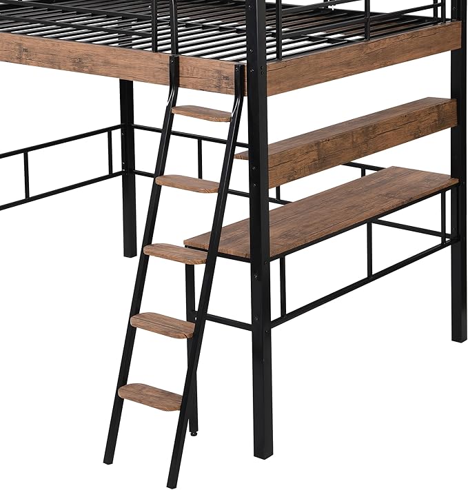 Metal Full Size Loft Bed with Built-in Desk,Storage Shelf and Ladder,Full-Length Guardrails and Secured Metal Slats, High LoftBed W/Large Storage Space for Kids Teens Adults Bedroom,Black