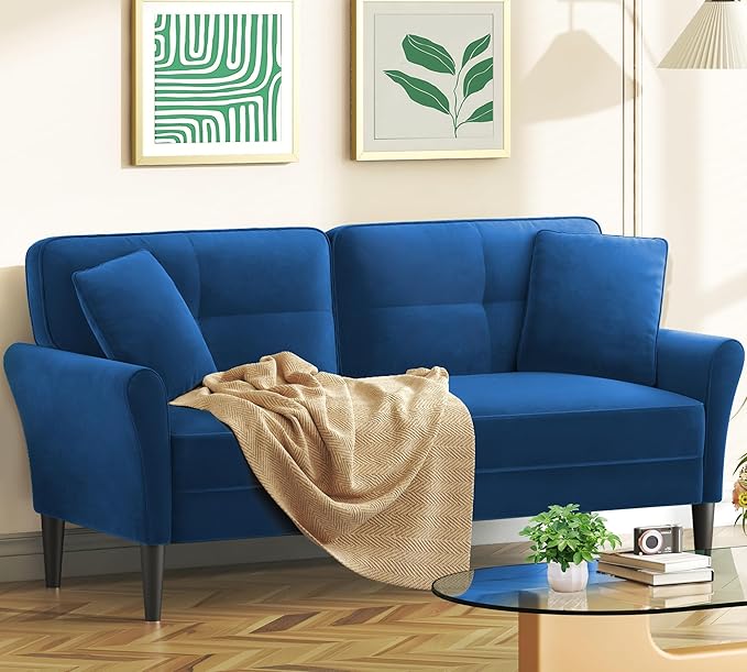 69" Loveseat Sofa, Velvet Small Couches for Small Spaces, Love Seat Couches with 2 Pillows, Tool-Free Setup Loveseats, 700lb Load Sofas for Living Room, Mini Couch for Bedroom, Comfy Sofa Couch, Blue