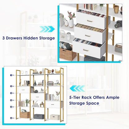 73.6" Tall Bookshelf with 3 Drawers and 16 Storage Shelves, Industrial Bookcase with 16 Open Display Shelves, Large Etagere Bookshelf, Triple Wide Book Shelf Book Case for Home & Office, Gold