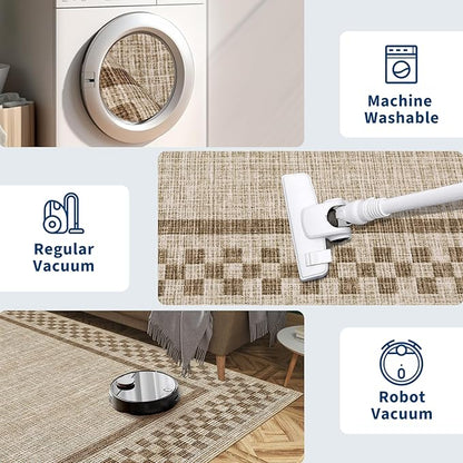 Small Bedroom Area Rug 3x5 Checkered Area Rug for Living Room Nursery Non Slip Kitchen Throw Carpet Low Pile Modern Bordered Rugs Washable Bathroom Mat Soft Brown Rugs for Laundry Entryway, Taupe
