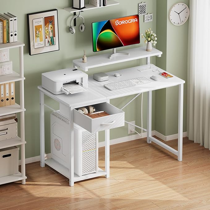 Computer Desk with Adjustable Monitor Stand, 39.4 in Small Desk with Reversible Storage Shelves, Office Desk with Spacious Desktop Spaces for Home Bedroom Workstation, White