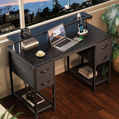 Huuger 47 inch Computer Desk with 4 Drawers, Gaming Desk with LED Lights & Power Outlets, Home Office Desk with Large Storage Space for Bedroom, Work from Home, Black