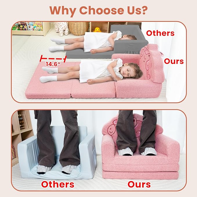 TinyPalsa Kids Couch, Convertible Sofa to Lounger Fold Out, Pink Unicorn Design Chair for Toddlers 1-3, Gift for Birthday, Movie Night