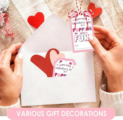 50 Pcs Have A Poppin Valentines Day Sticker Label, Valentine Gift Tags with String, Gift Label Paper Tags Labels Idea Valentines Activity Party Favors-Pink