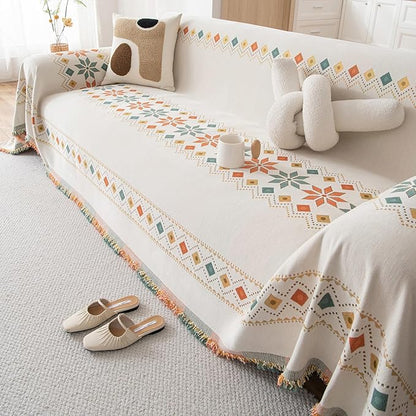 STACYPIK Thick Boho Beige Sofa Cover, Jacquard Chenille Couch Cover for Sectional, Non-Slip Geometric Furniture Protector for 3 Cushion Couch, L Shaped Sofa Cover Decorative Sofa Slipcover-71X134IN