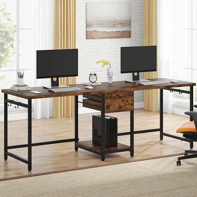 Tribesigns Two Person Desk, 79 Inch Double Desk with 2 Drawers, Large Computer Desk Long Desks with Storage Shelves, Writing Table Study Desk for Home Office, Rustic Brown (NY001)