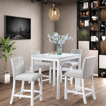 5PCS Modern White Counter Height Dining Table Set, Square Table with Crystal Decoration and 4 Upholstered Chairs for Kitchen, Dining Room