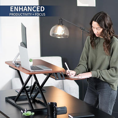 VIVO 32 inch Desk Converter, K Series, Height Adjustable Sit to Stand Riser, Dual Monitor and Laptop Workstation with Wide Keyboard Tray, Dark Walnut Top, Black Frame, DESK-V000KA