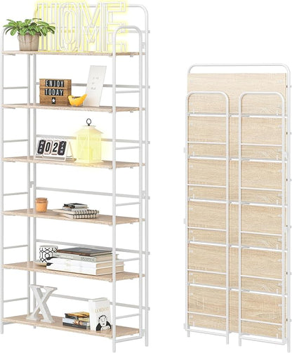 4NM No Assembly Folding Bookshelf 6 Tiers Vintage Industrial White Book Shelf Metal Foldable Storage Bookcase and Bookshelves for Living Room,Bedroom and Kitchen - Natural