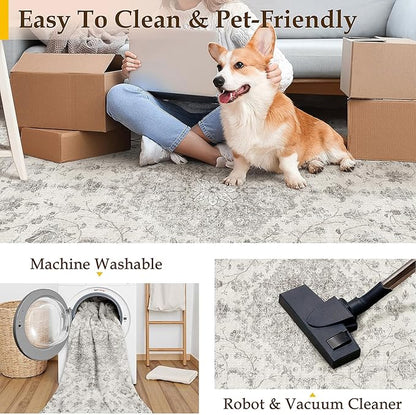 2x3 Area Rug Gray Washable Vintage Entryway Door Mat Carpet Small Non Slip Soft Low Pile Thin Kitchen Bathroom Retro Accent Throw Rug Entrance Bedroom Office Living Room