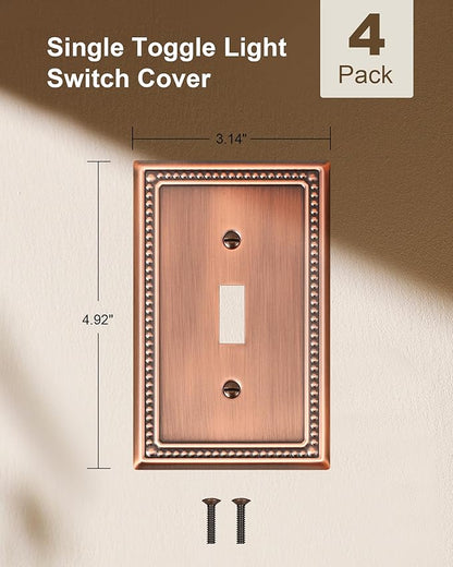 4-Pack Single Toggle Light Switch Cover Plate, Pearls Decorative Switch Plate Covers, Antique Copper 1 Gang Metal Wall Plate, Corrosion Resistant