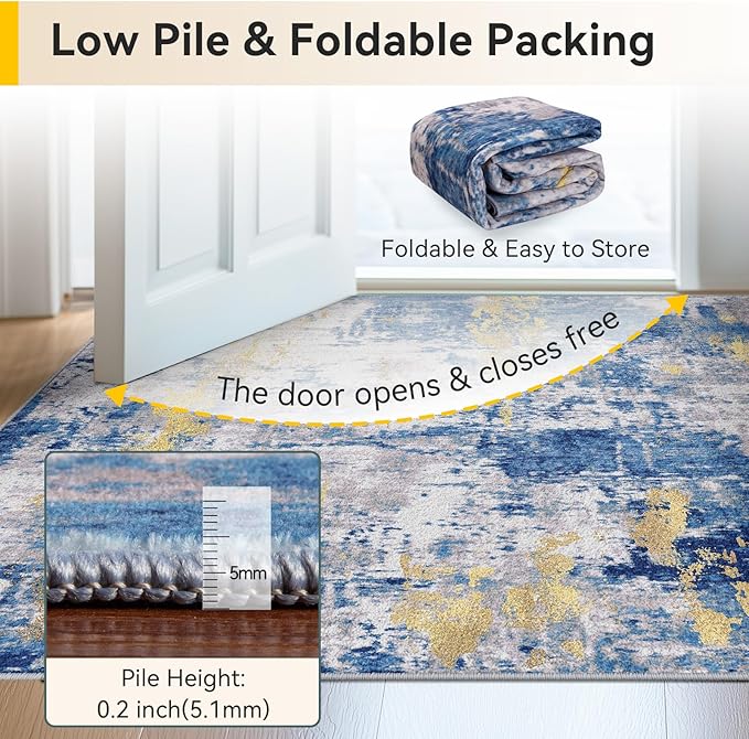 Washable Area Rugs 6'x9' Non-Slip Modern Abstract Soft for Living Room Entryway Bedroom Nursery, Print Pattern, Grey Blue Gold/Golden