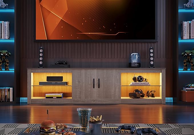 Bestier 70 Inch Led TV Stand for 75 Inch TV Large Entertainment Center Gaming with Adjustable Glass Shelves Two Cabinets Modern TV Console for Living Room 22 RGB Modes, Wash White
